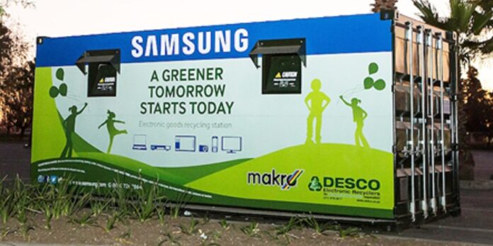 A Samsung-branded e-waste collection container